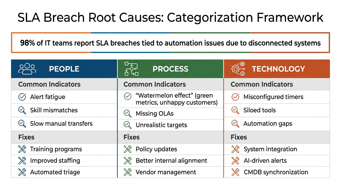 SLA Breach Root Causes: People, Process, and Technology Categories with Indicators and Fixes