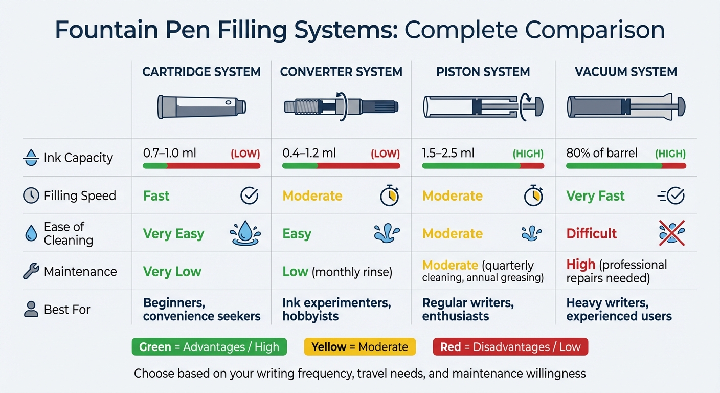 Fountain Pen Filling Systems Comparison: Capacity, Speed, and Maintenance