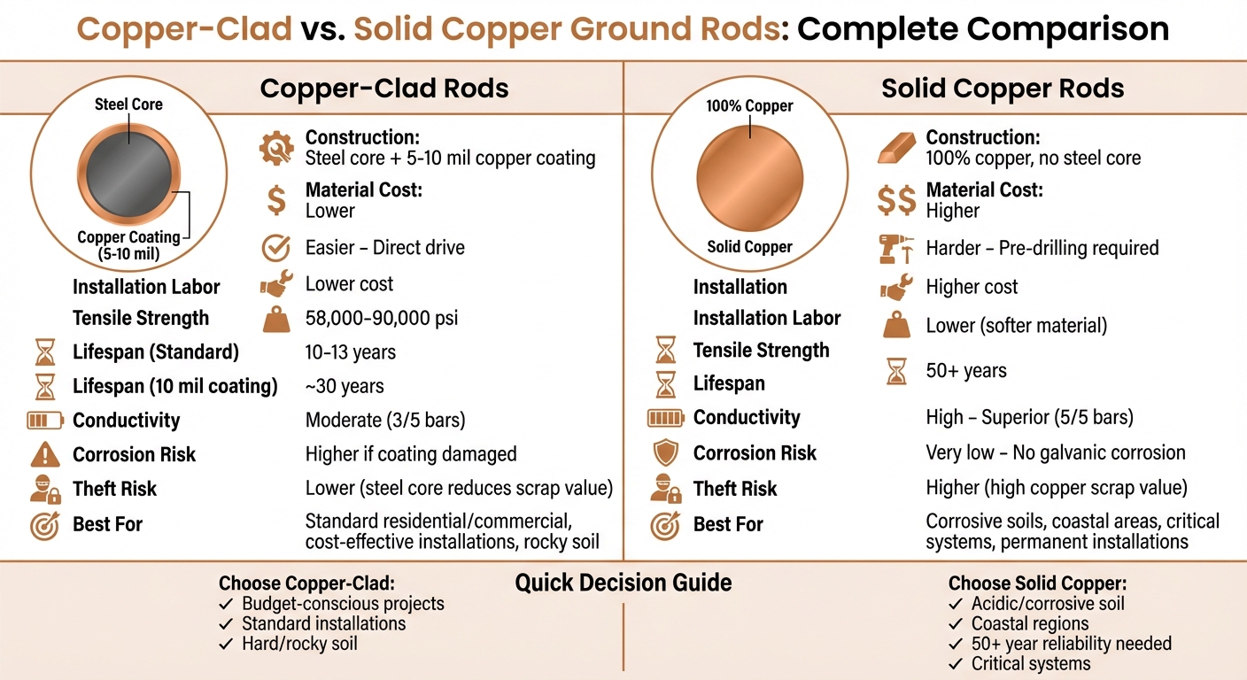 Copper-Clad vs Solid Copper Ground Rods Comparison Chart
