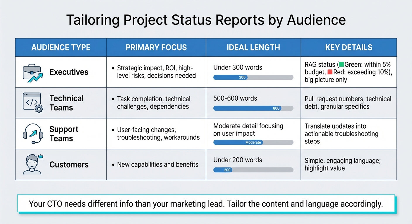 Project Status Report Audience Guide: Content Focus and Ideal Length by Stakeholder Type
