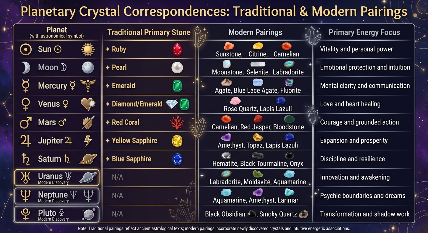 Traditional vs Modern Planetary Crystal Correspondences Guide