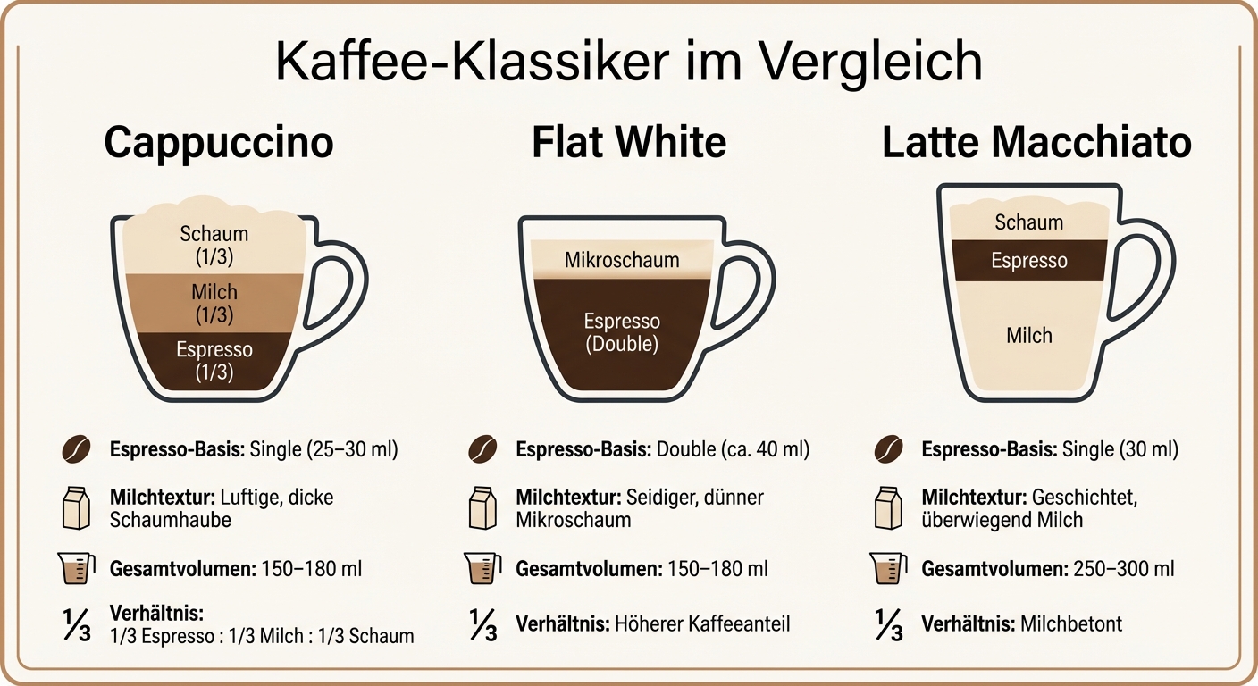 Cappuccino vs Flat White vs Latte Macchiato Vergleich: Verhältnisse und Unterschiede