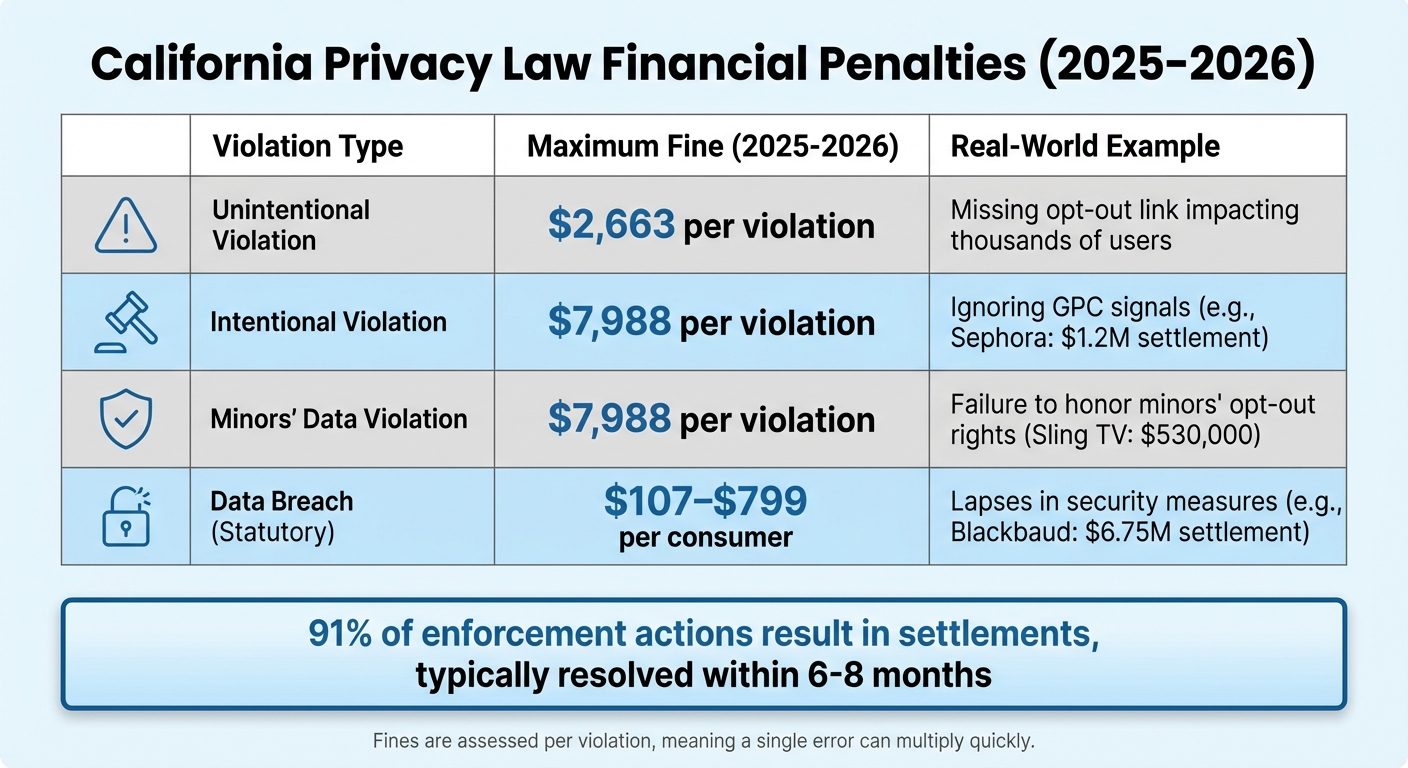 California Privacy Law Penalties and Fines by Violation Type 2025-2026
