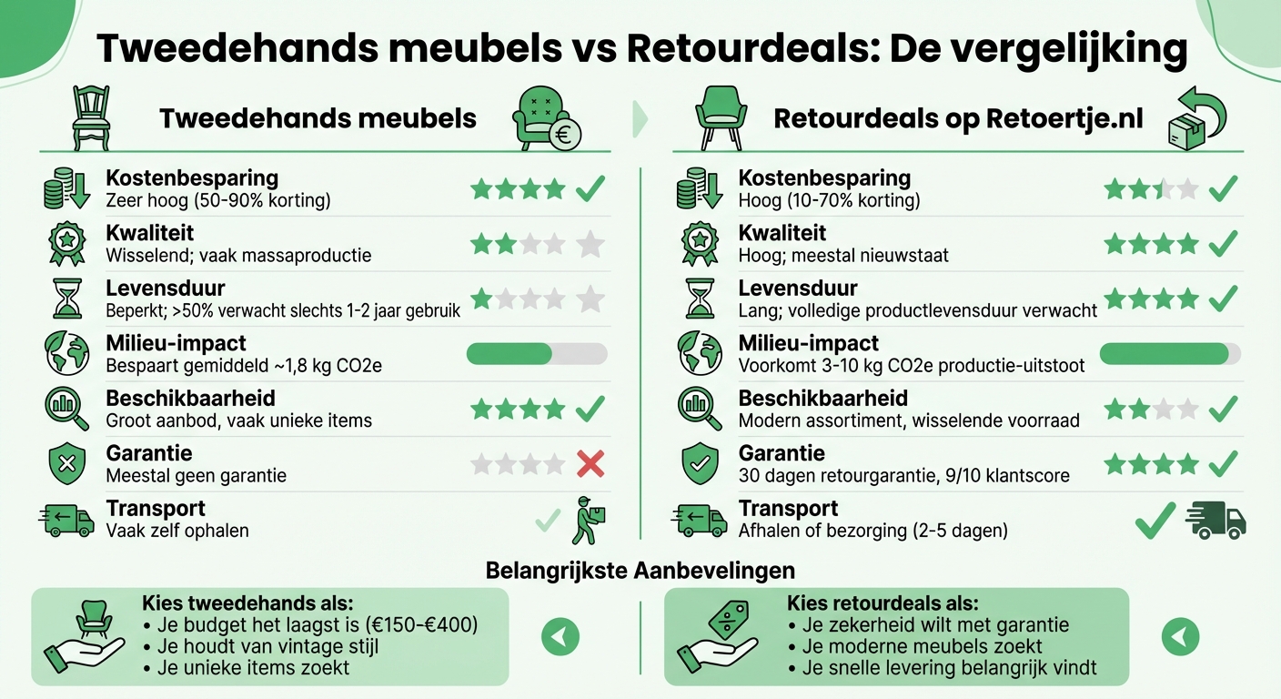 Tweedehands meubels vs retourdeals vergelijking: kosten, kwaliteit en duurzaamheid