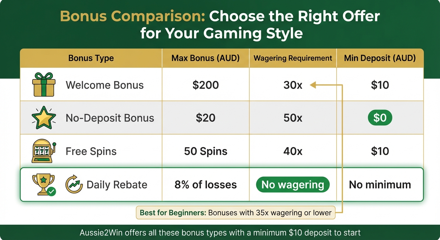Online Gaming Bonus Types Comparison Chart for Australian Players