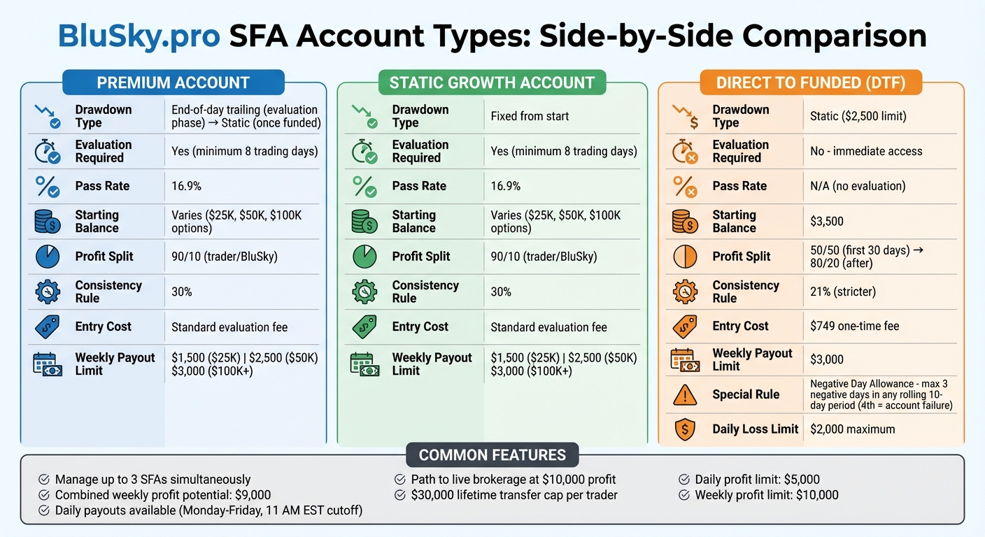 BluSky.pro Account Types Comparison: Premium vs Static Growth vs Direct to Funded