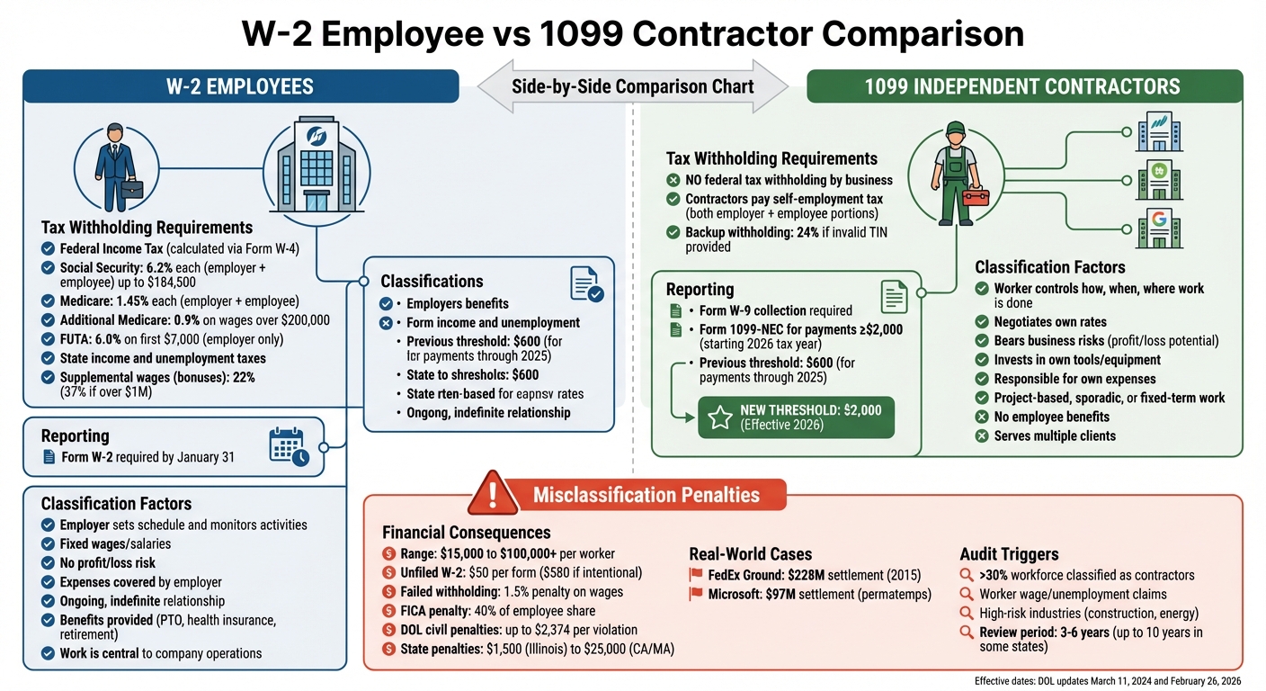 W-2 Employee vs 1099 Contractor: Tax Withholding Requirements and Classification Factors
