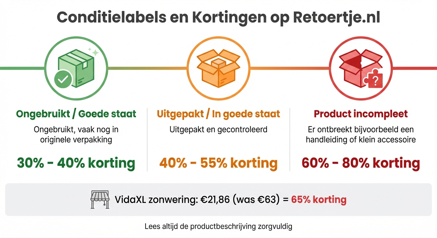 Retoertje.nl conditielabels en kortingspercentages overzicht