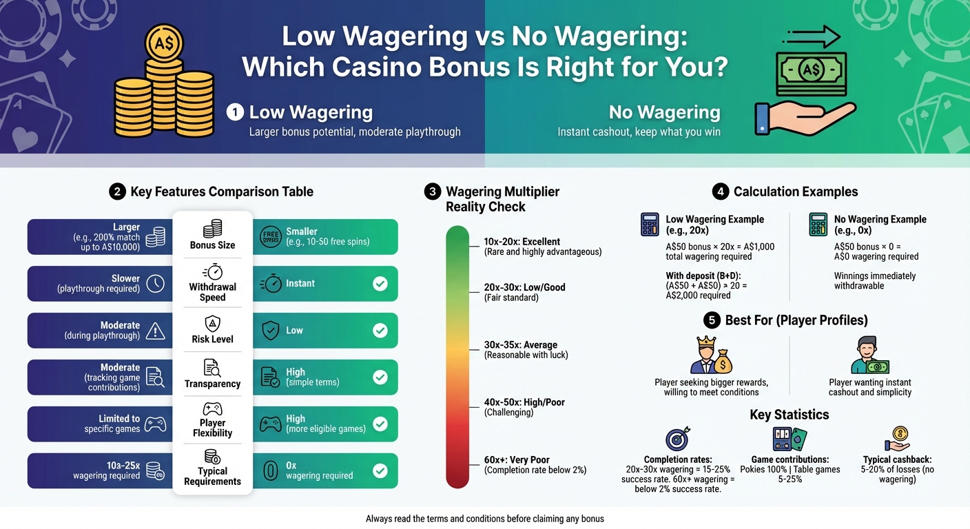 Low Wagering vs No Wagering Casino Bonuses Comparison Chart