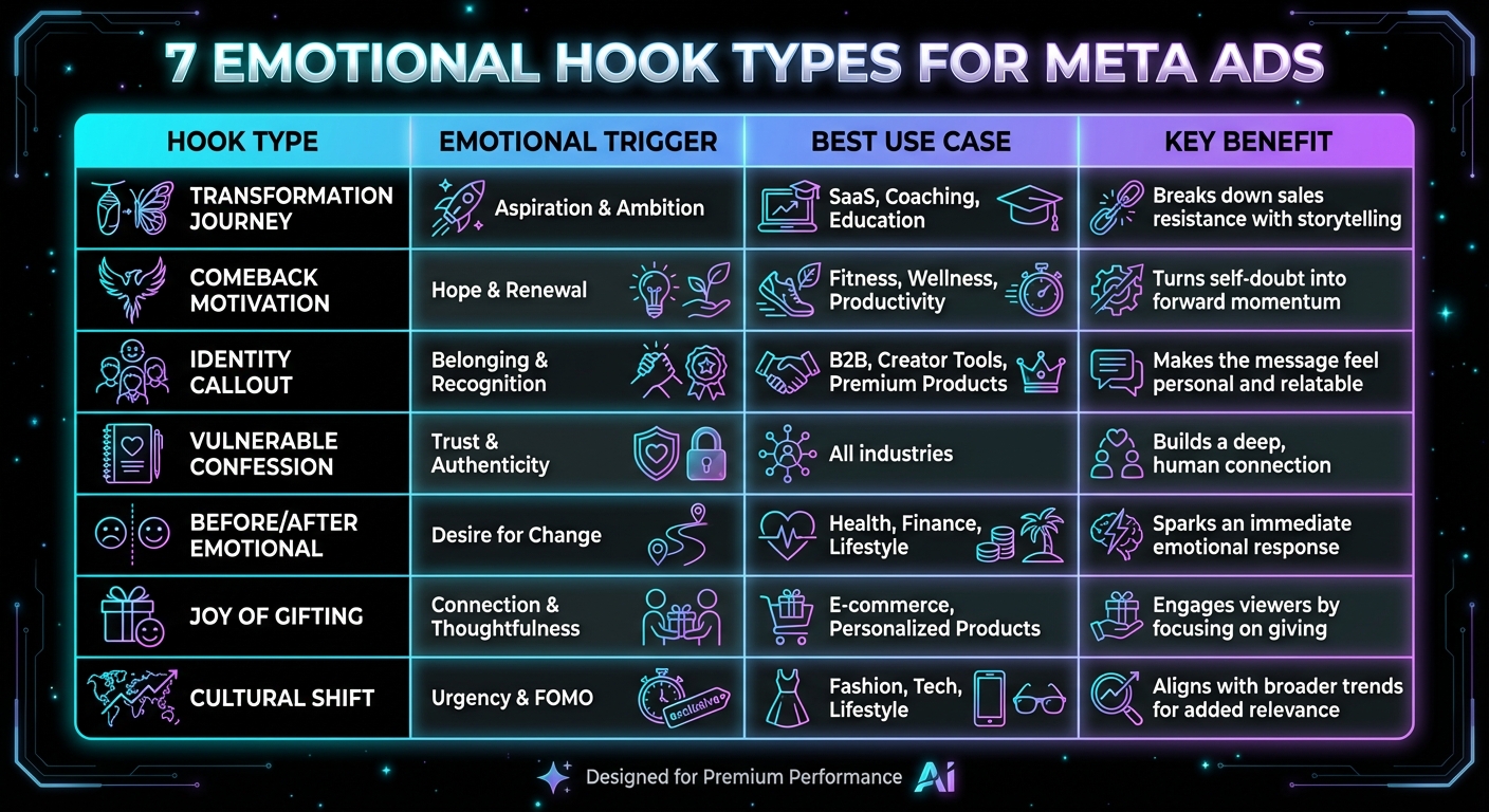 7 Emotional Hook Types for Meta Ads: Triggers, Use Cases & Benefits