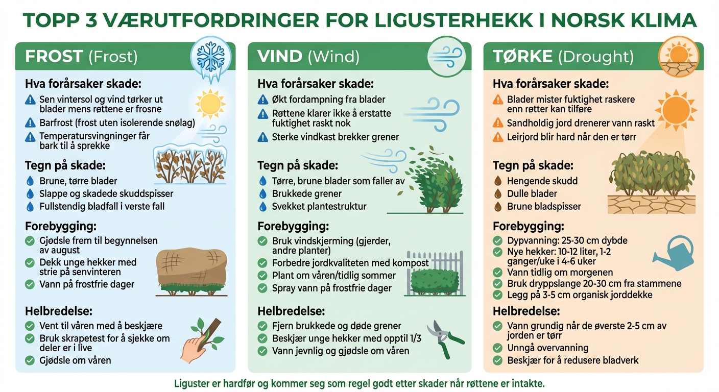 3 værutfordringer for ligusterhekk: frost, vind og tørke - forebygging og behandling