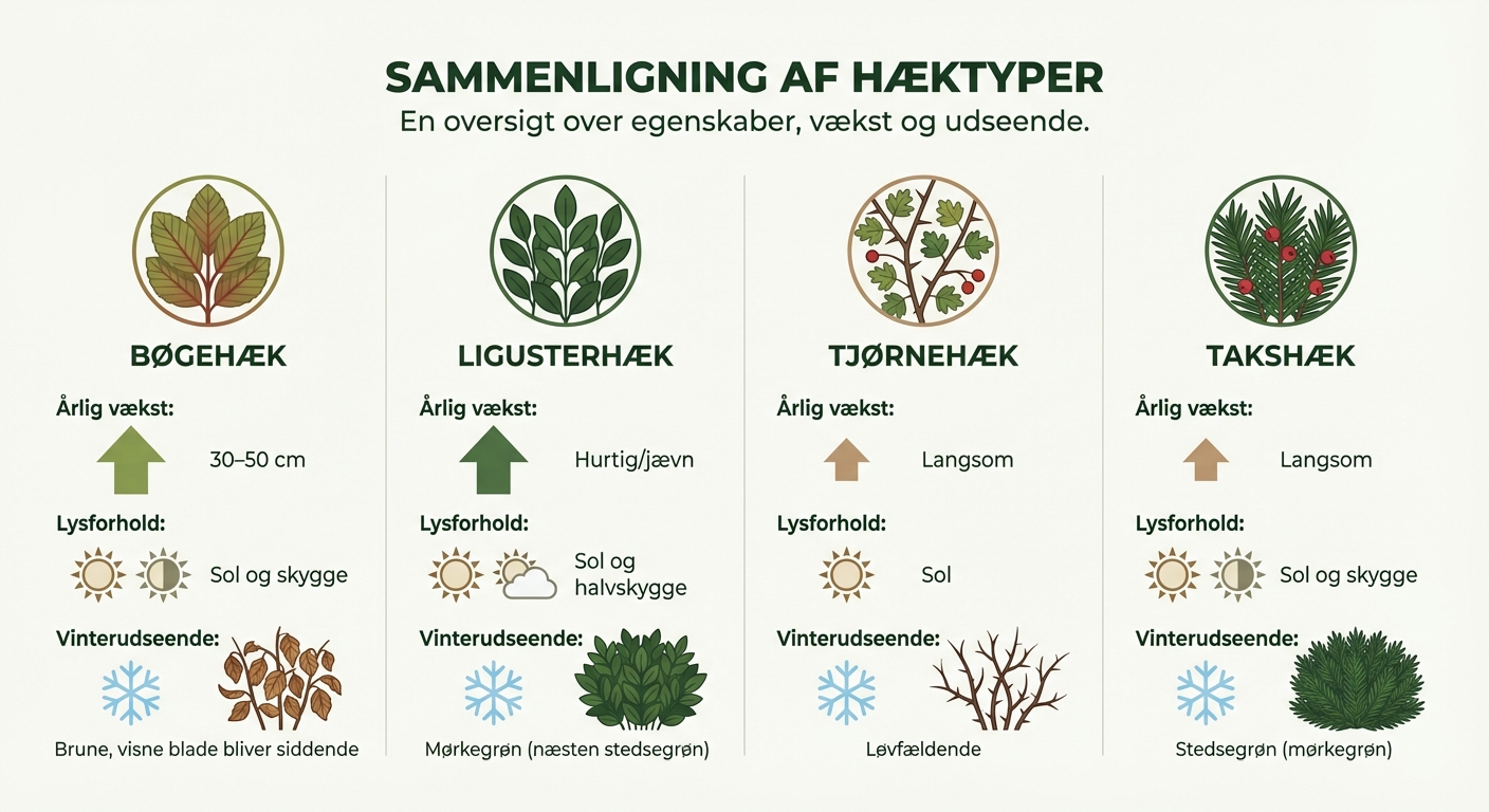 Sammenligning af hæktyper: vækst, lysforhold og vinterudseende