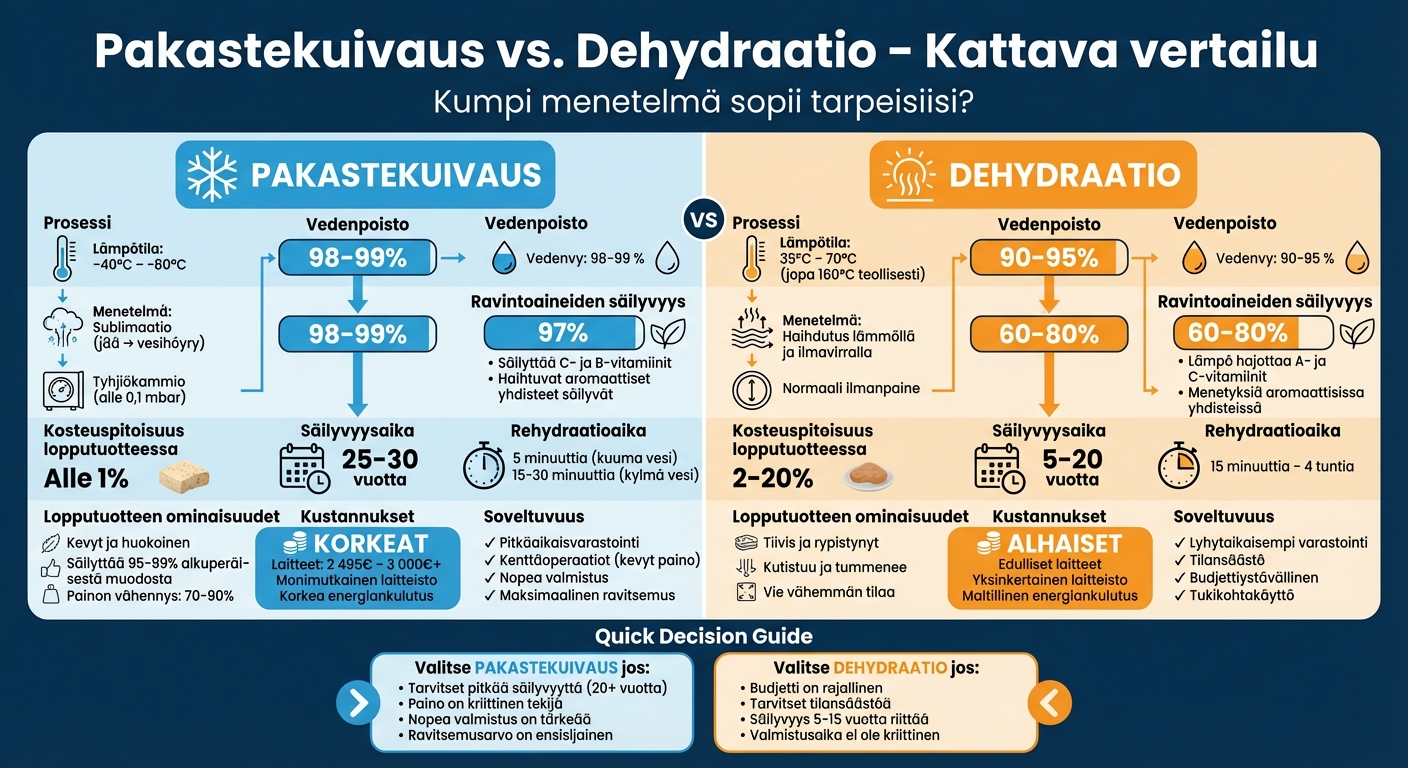 Pakastekuivaus vs. dehydraatio: vertailu ravintoaineista, säilyvyydestä ja kustannuksista