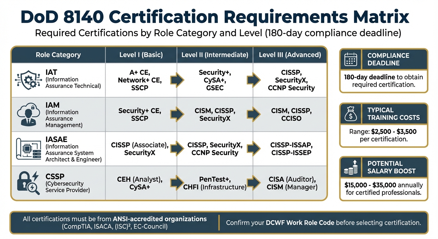 DoD 8140 Cybersecurity Certification Requirements by Role and Level