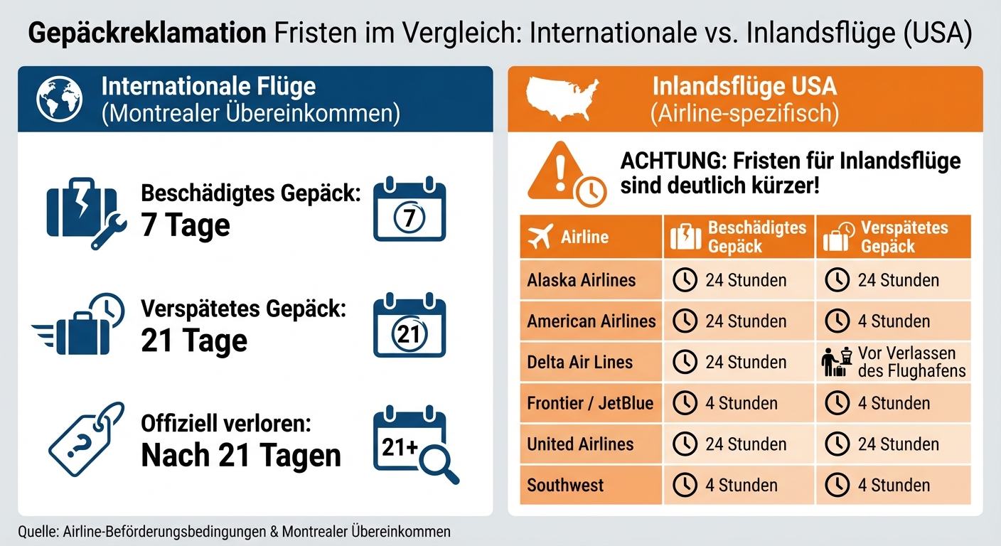 Fristen für Gepäckreklamation bei Airlines: International vs. Inlandsflüge USA