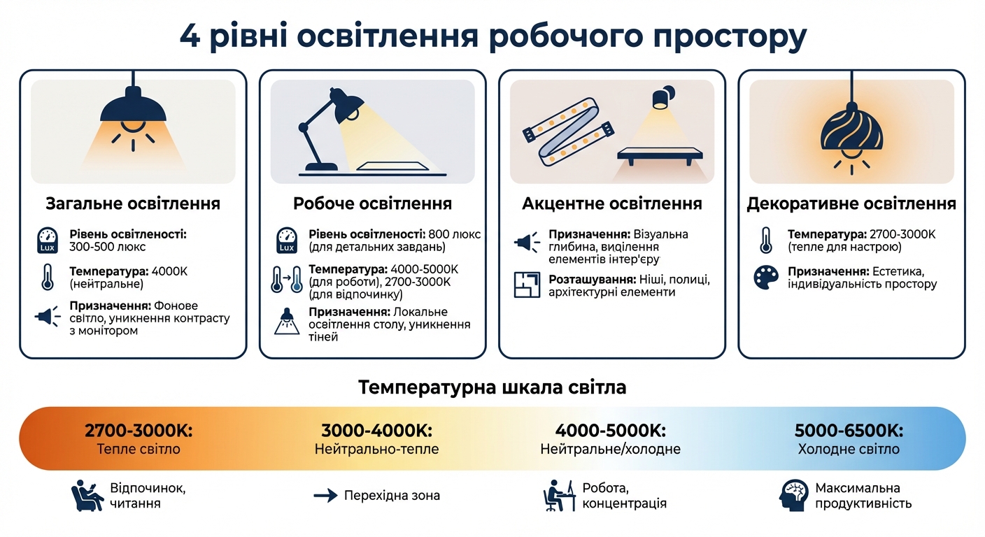 Порівняння типів освітлення робочого простору: характеристики та температура світла