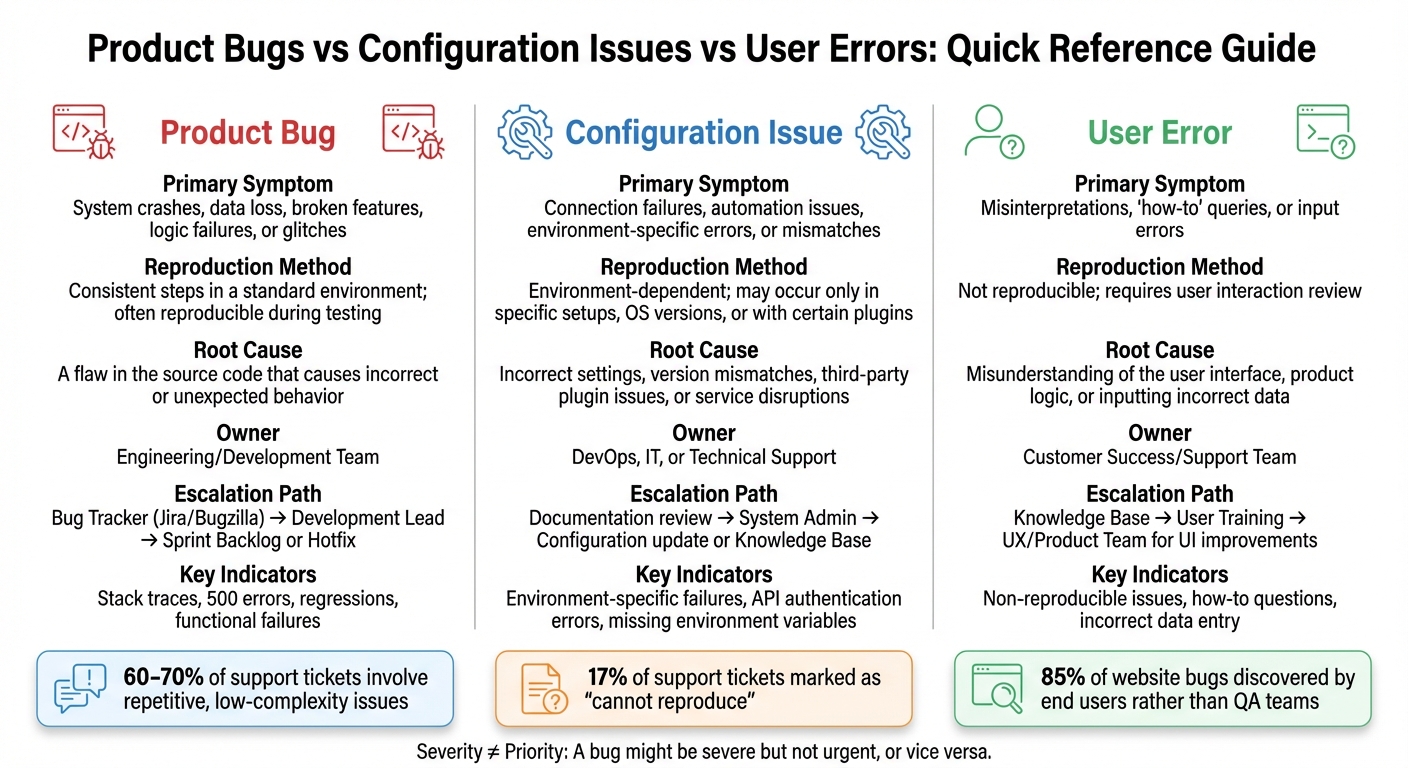 Product Bugs vs Configuration Issues vs User Errors: Quick Reference Guide