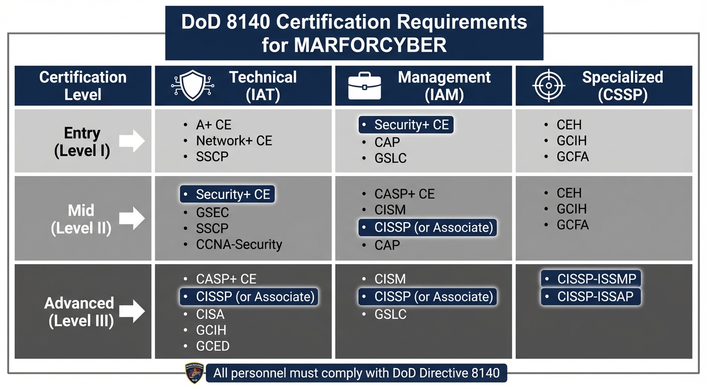 DoD 8140 Cybersecurity Certification Requirements by Level and Category