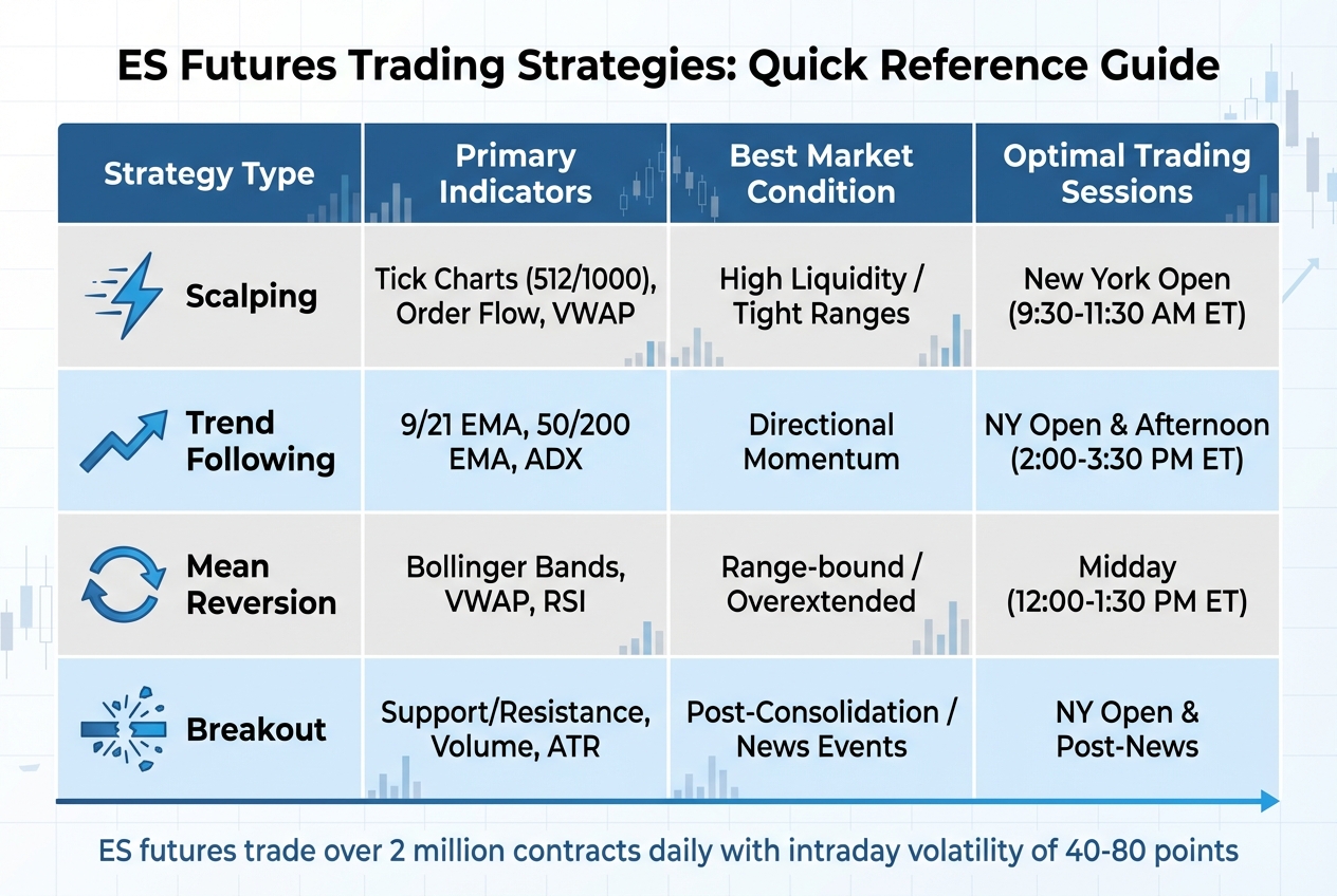ES Futures Trading Strategies Comparison: Scalping, Trend Following, Mean Reversion & Breakout