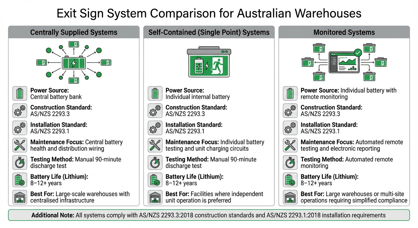 Australian Warehouse Exit Sign Systems Comparison: Centrally Supplied vs Self-Contained vs Monitored