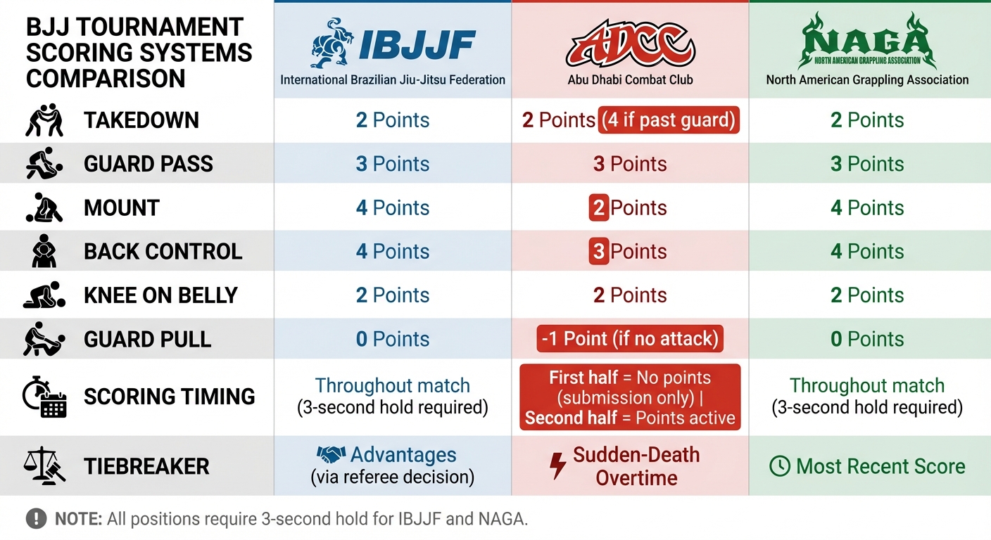 BJJ Scoring Comparison: IBJJF vs ADCC vs NAGA Rules