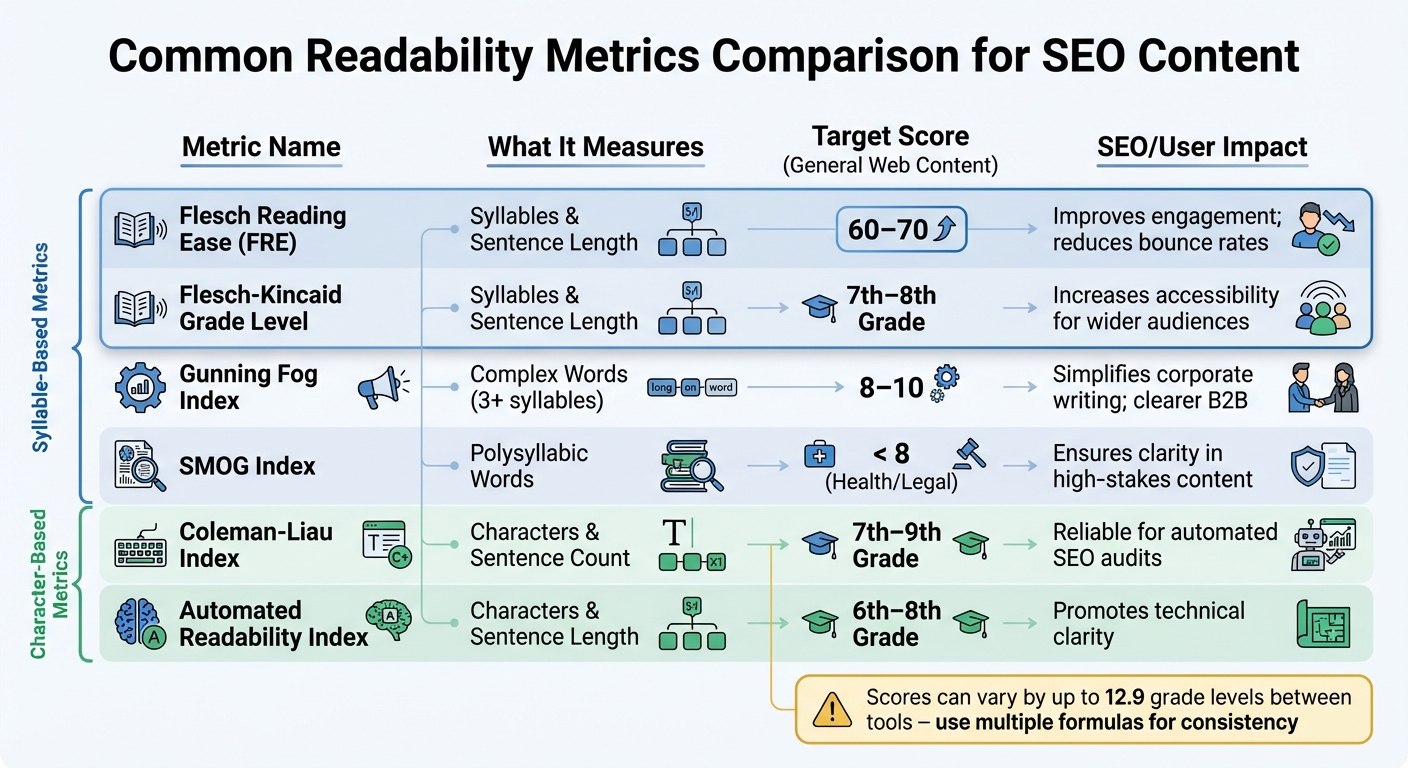 Readability Metrics Comparison Chart for SEO Content