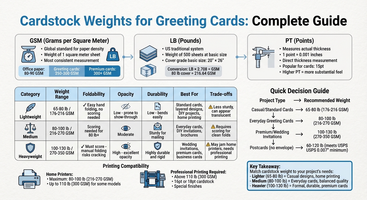 Cardstock Weight Guide for Greeting Cards: LB, GSM, and PT Comparison Chart