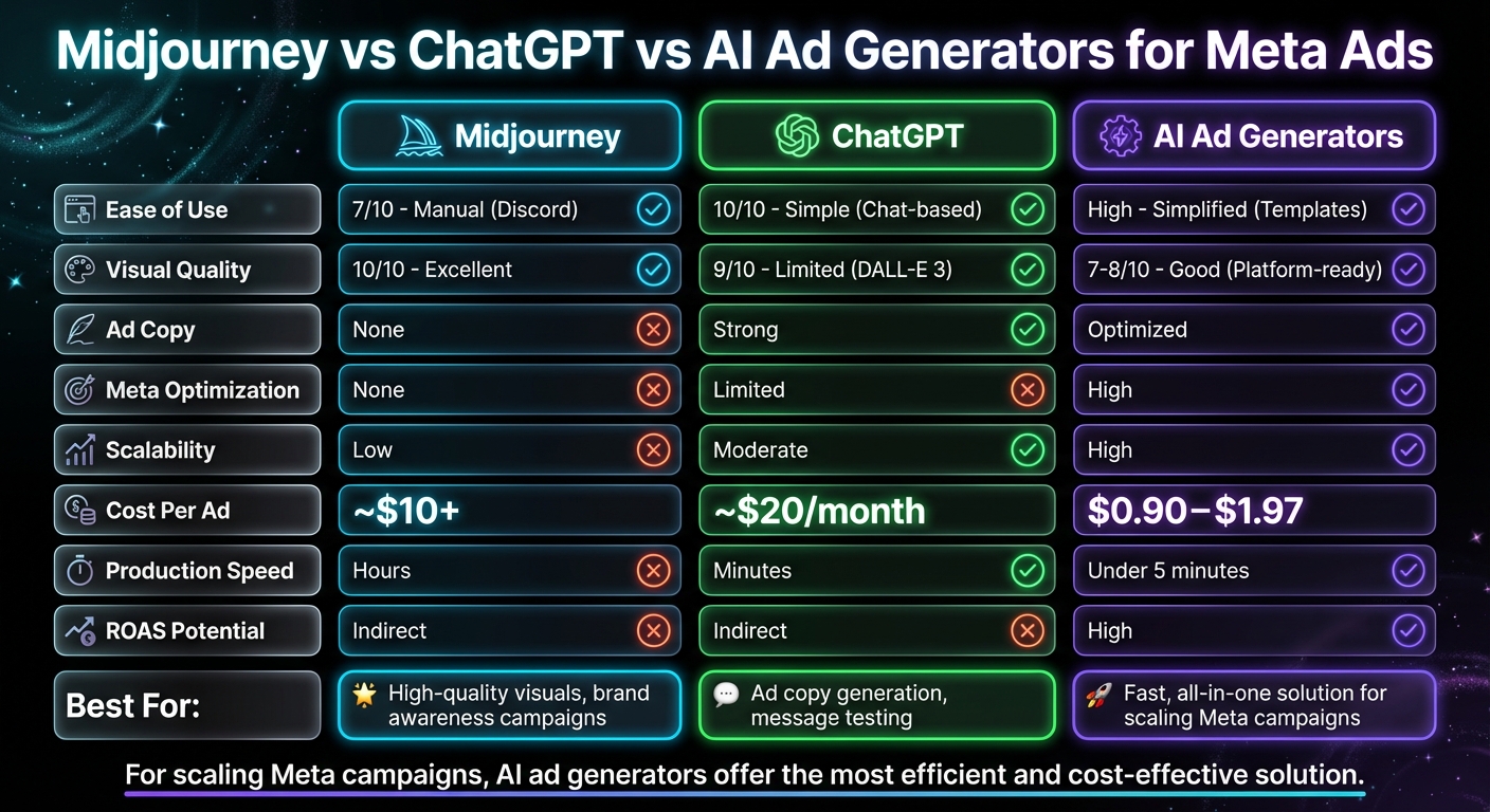 Midjourney vs ChatGPT vs AI Ad Generators: Feature Comparison for Meta Ads