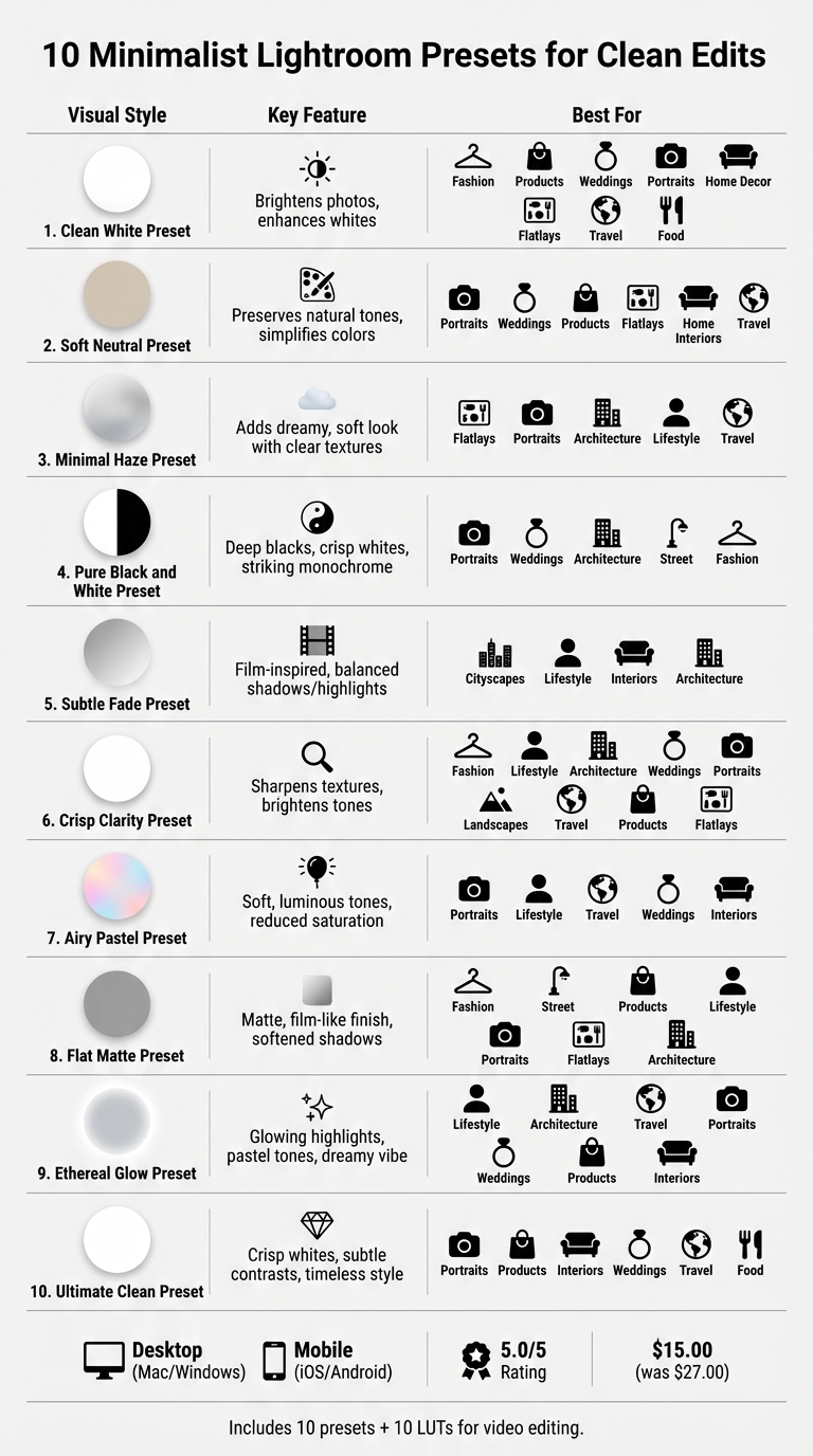 10 Minimalist Lightroom Presets Comparison Chart