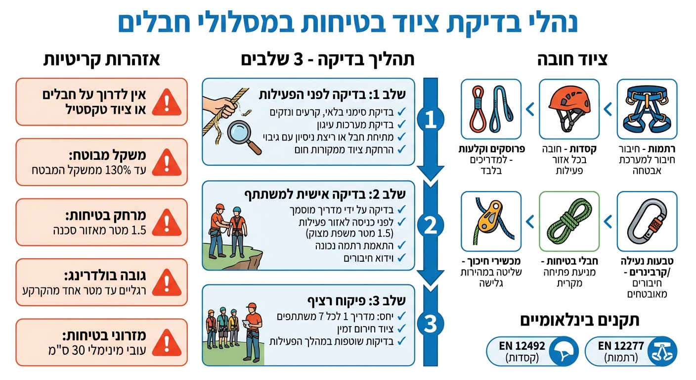 נהלי בדיקת ציוד ובטיחות במסלולי חבלים - 3 שלבים