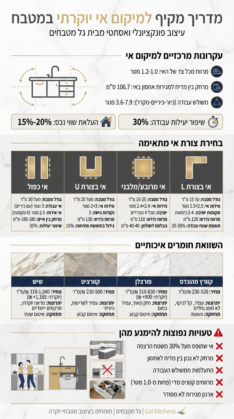 מדריך מיקום אי במטבח יוקרה - מידות, מרווחים וחומרים מומלצים