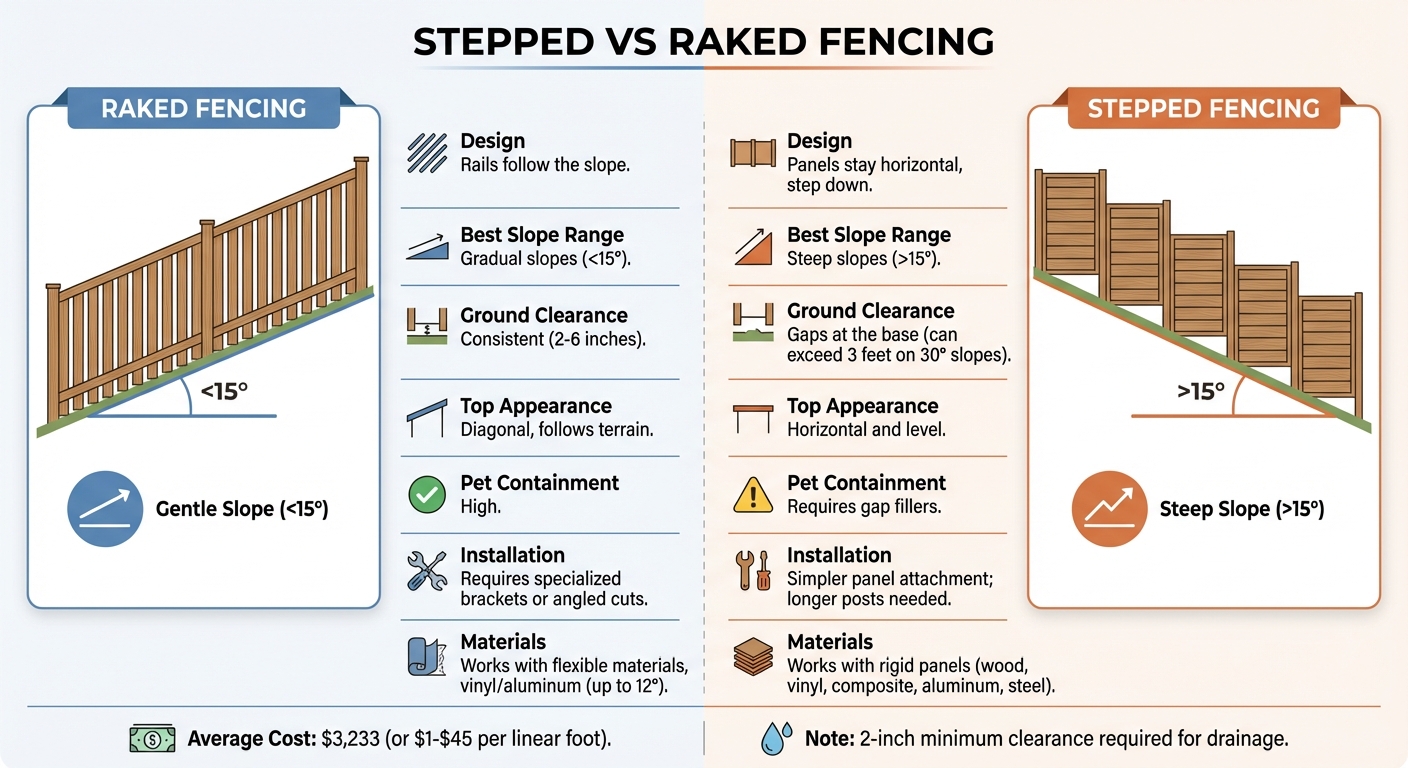 Stepped vs Raked Fencing Comparison Chart for Sloped Yards