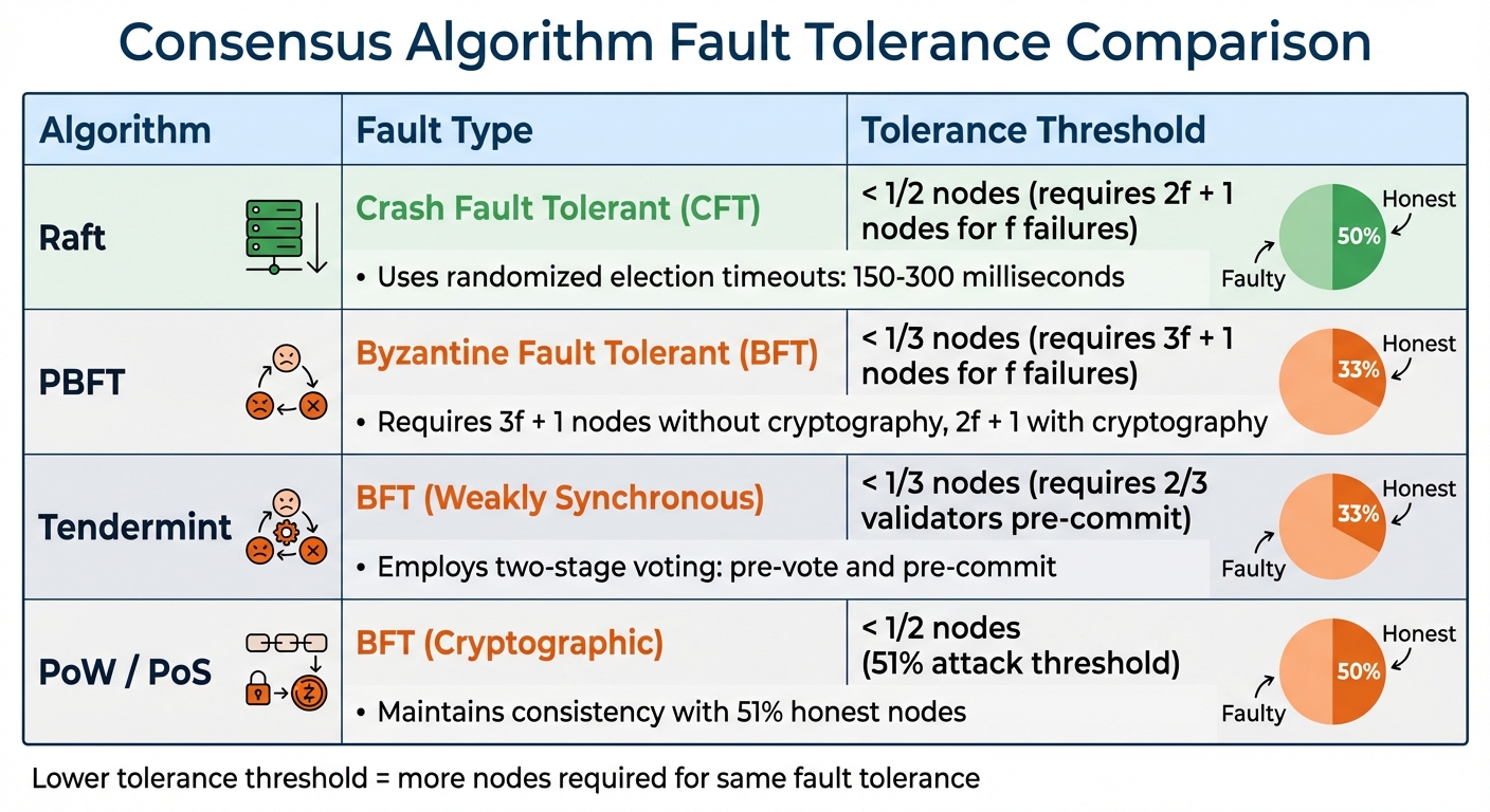 Consensus Algorithm Fault Tolerance Comparison: Raft vs PBFT vs Tendermint