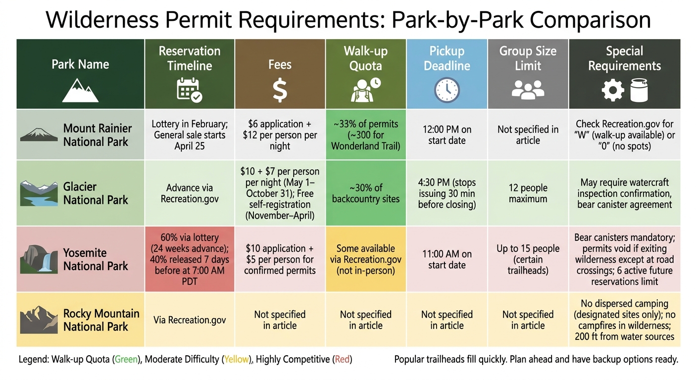 National Park Wilderness Permit Requirements Comparison Chart