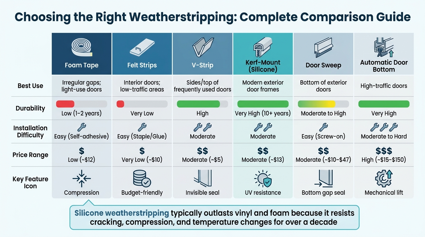 Weatherstripping Types Comparison: Durability, Cost, and Best Uses