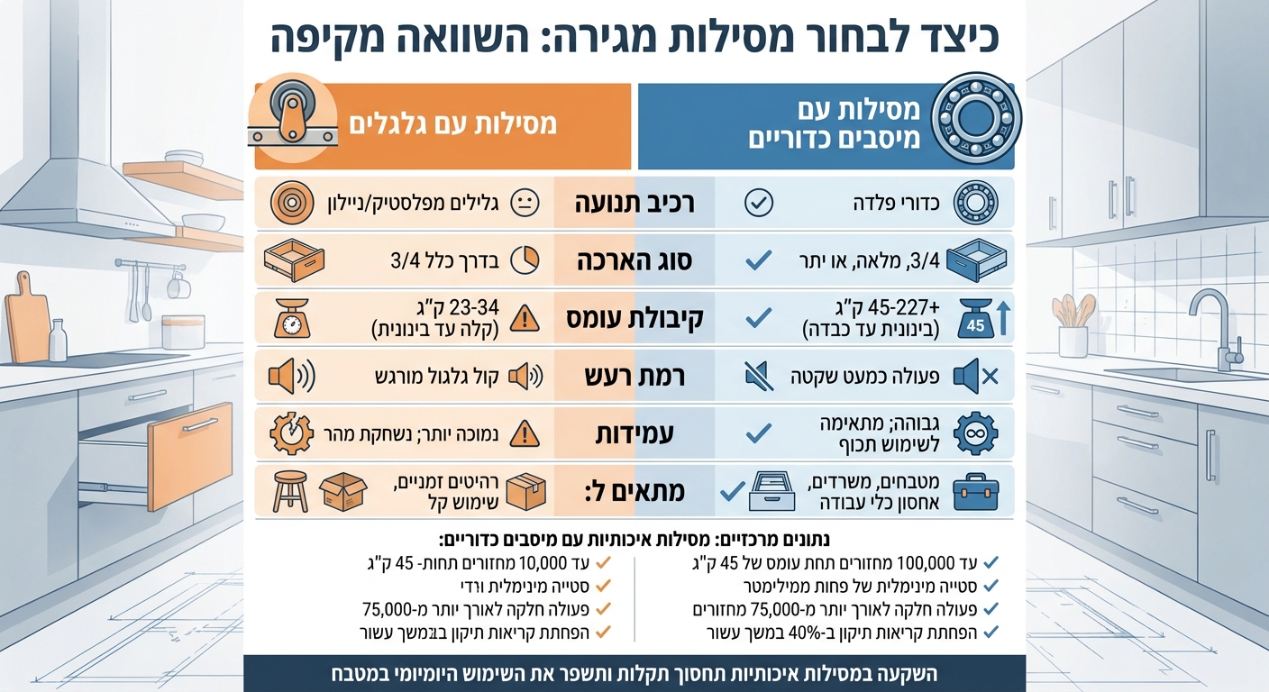 השוואה בין סוגי מסילות מגירה: מיסבים כדוריים לעומת גלגלים