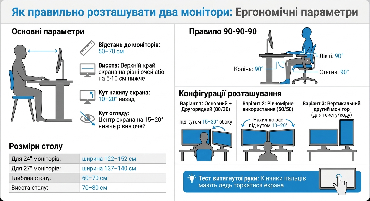 Ергономічні параметри розташування двох моніторів на робочому столі