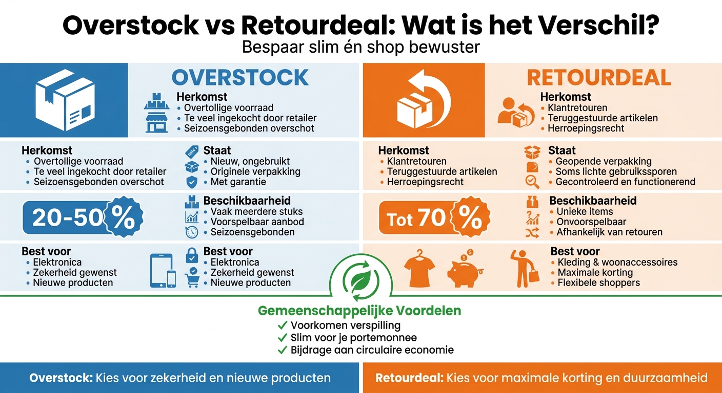 Overstock vs Retourdeal vergelijking: verschillen in herkomst, staat, korting en beschikbaarheid