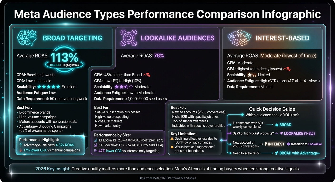 Meta Audience Types Performance Comparison 2026: Broad vs Lookalike vs Interest-Based