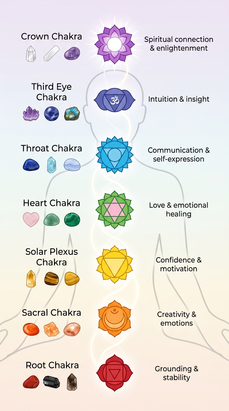 7 Chakras with Corresponding Crystals and Benefits Guide