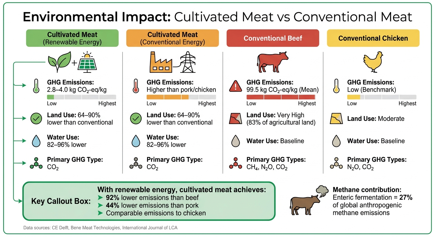 Carbon Footprint Comparison: Cultivated Meat vs Conventional Meat by Energy Source