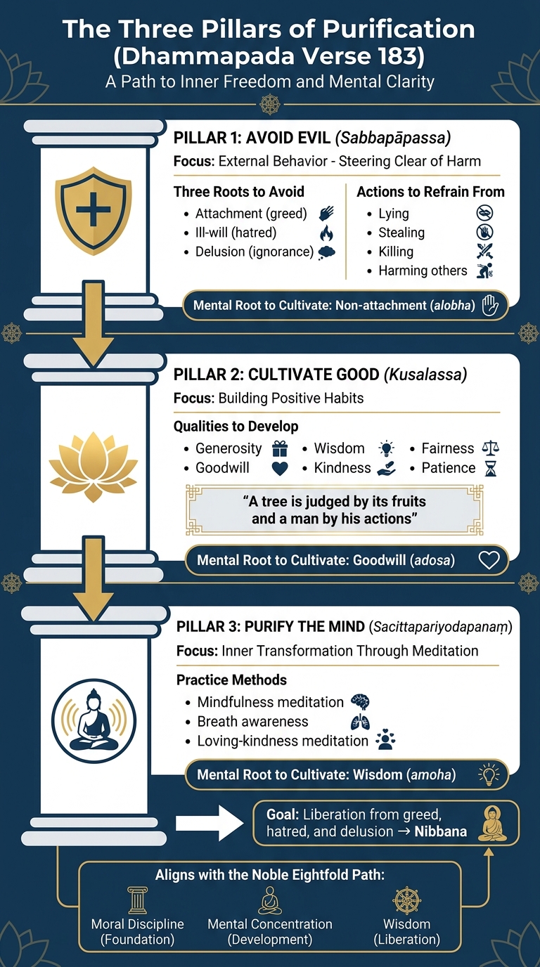 The Three Pillars of Buddhist Purification from Dhammapada Verse 183