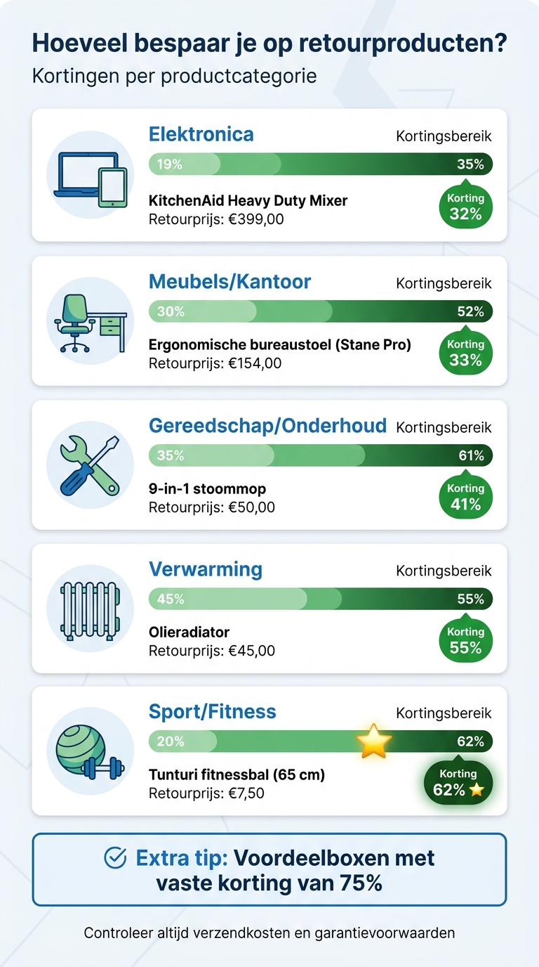 Besparingen op retourproducten per productcategorie: kortingen van 19% tot 62%