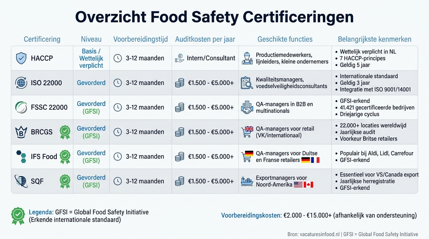 Vergelijking van Food Safety Certificeringen in Nederland: HACCP, ISO 22000, FSSC 22000, BRCGS, IFS en SQF