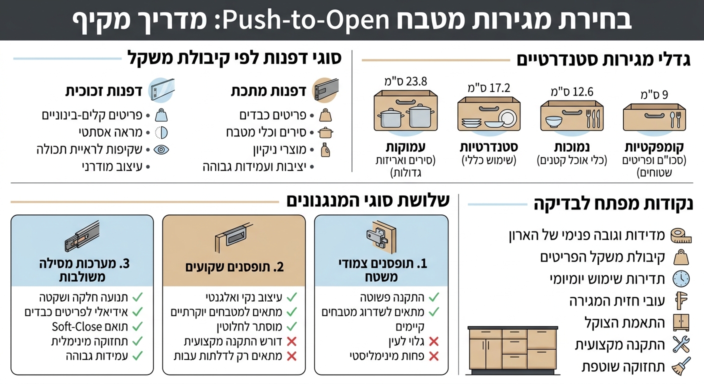 מדריך בחירת מגירות Push-to-Open למטבח: גדלים, משקלים וסוגי מנגנונים