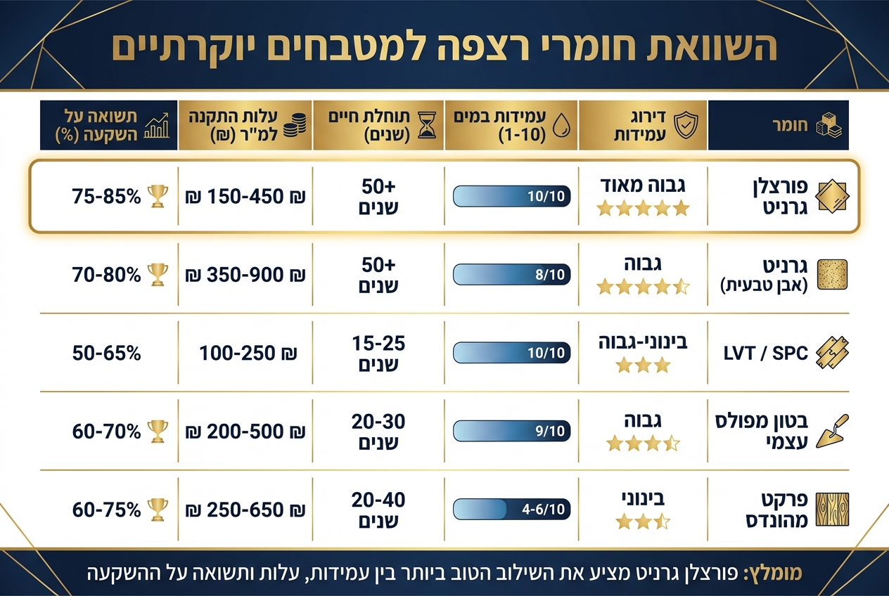 השוואת חומרי רצפה למטבחים יוקרתיים - עמידות, עלות ותשואה