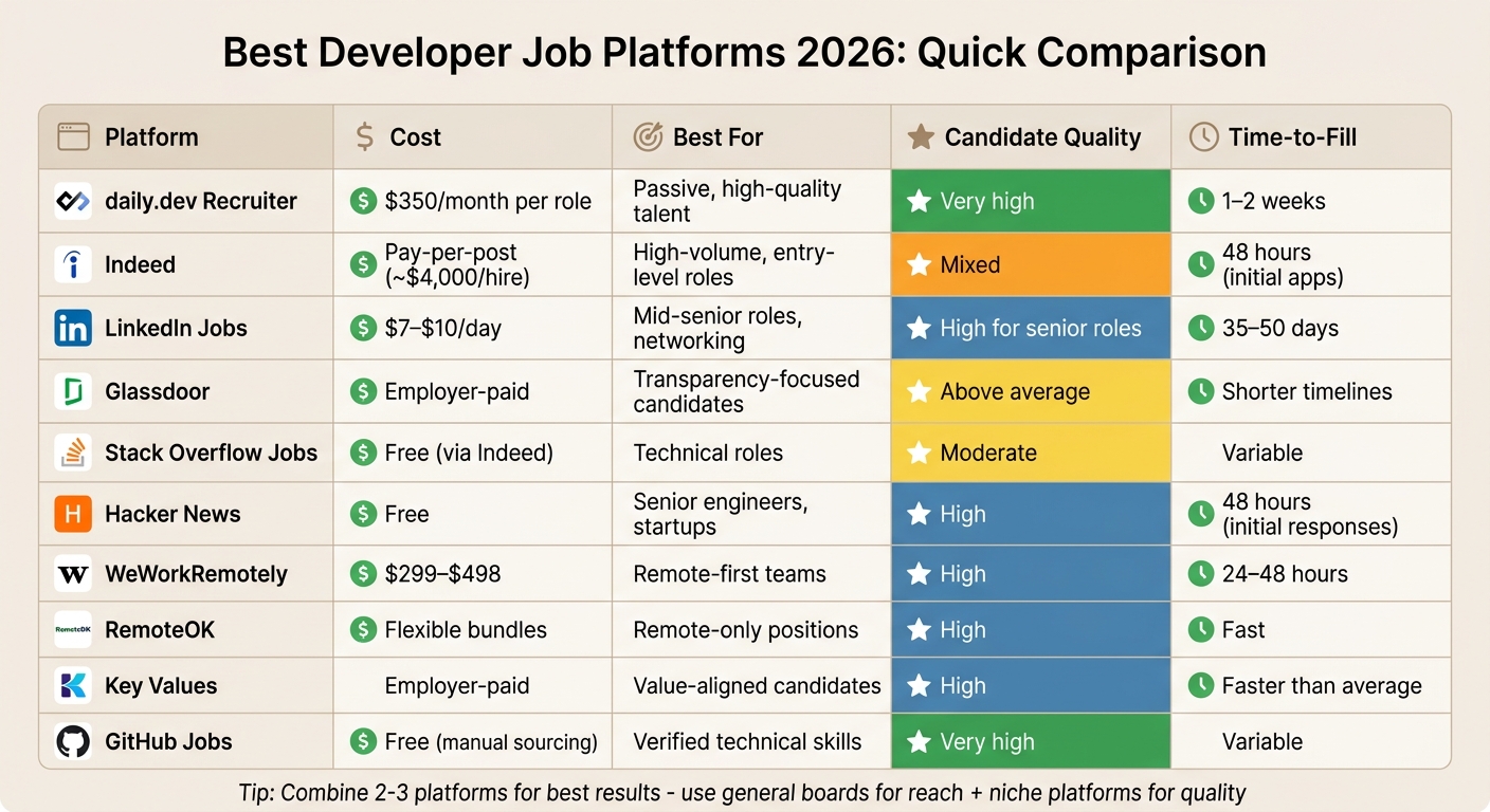 Developer Job Platforms Comparison 2026: Cost, Quality & Time-to-Fill