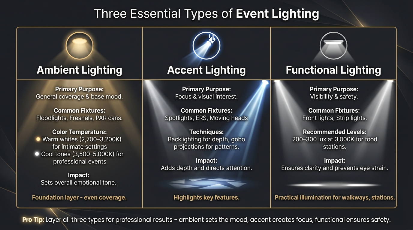 Event Lighting Types: Ambient, Accent, and Functional Lighting Comparison