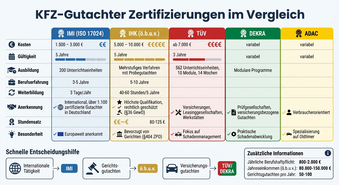 Vergleich KFZ-Gutachter Zertifizierungen: Kosten, Dauer und Anerkennung