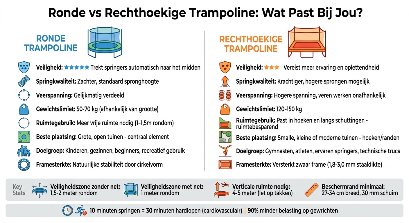 Vergelijking ronde vs rechthoekige trampoline: veiligheid, springkwaliteit en ruimtegebruik